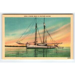 Fishing Smack In Southern Waters North Carolina Vintage Linen Postcard Unused